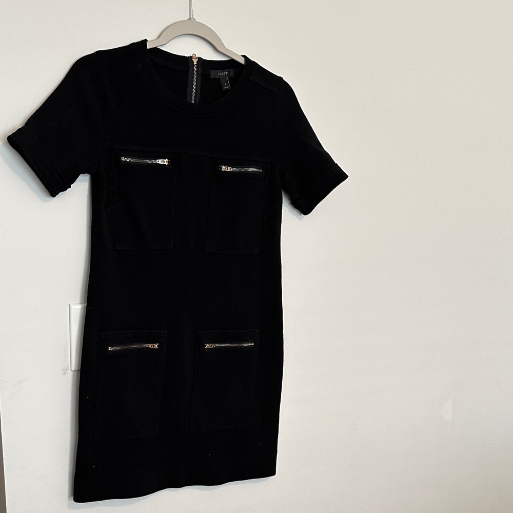 J. Crew Black Short-Sleeve Mini Dress with Zip-Pocket Accents